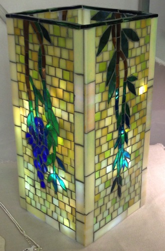 WisteriaVase; 4.5" x 4.5" x 9.5"; stained glass on glass;  $300.00